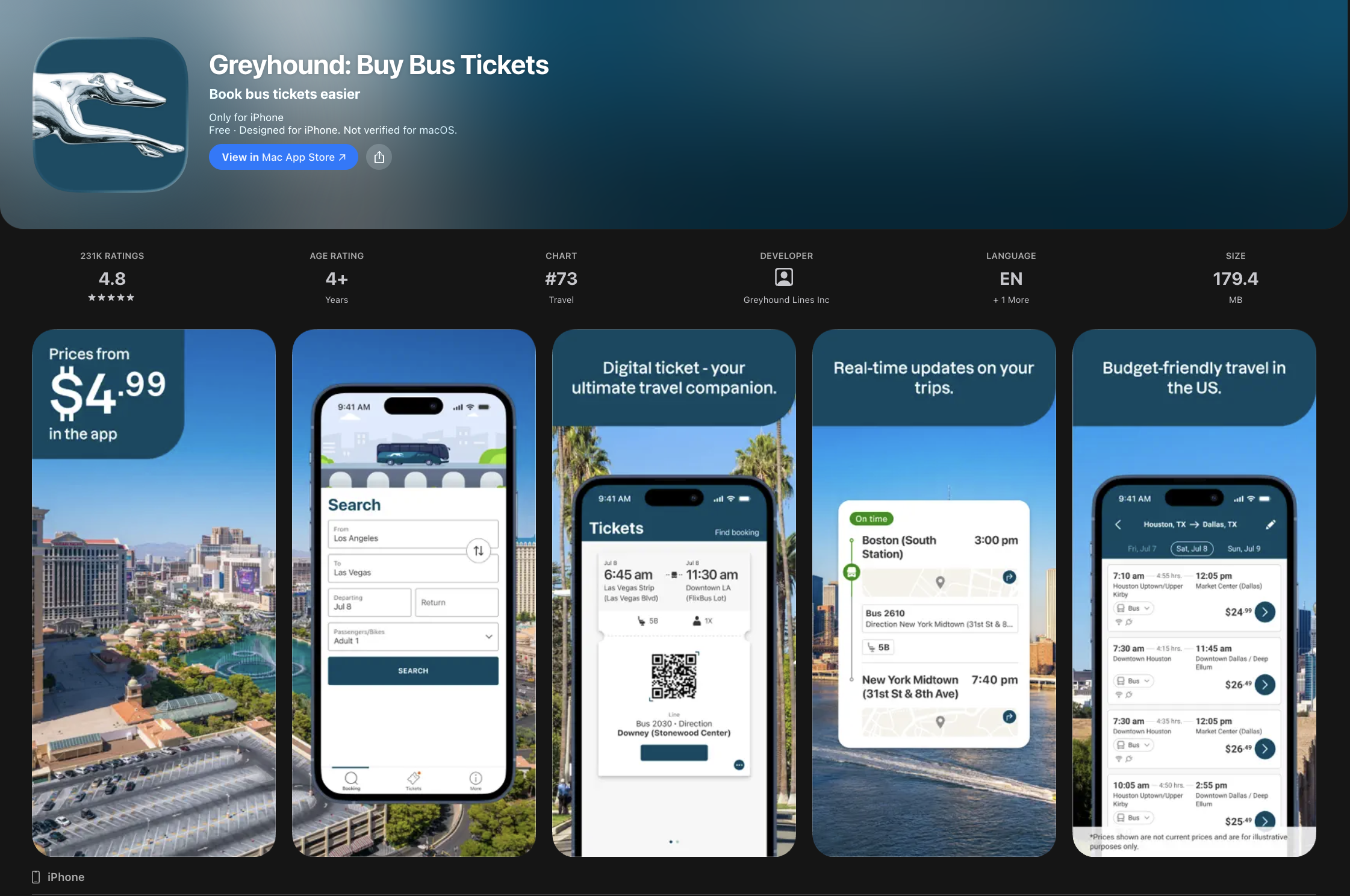 Greyhound App Store page and mobile product screens