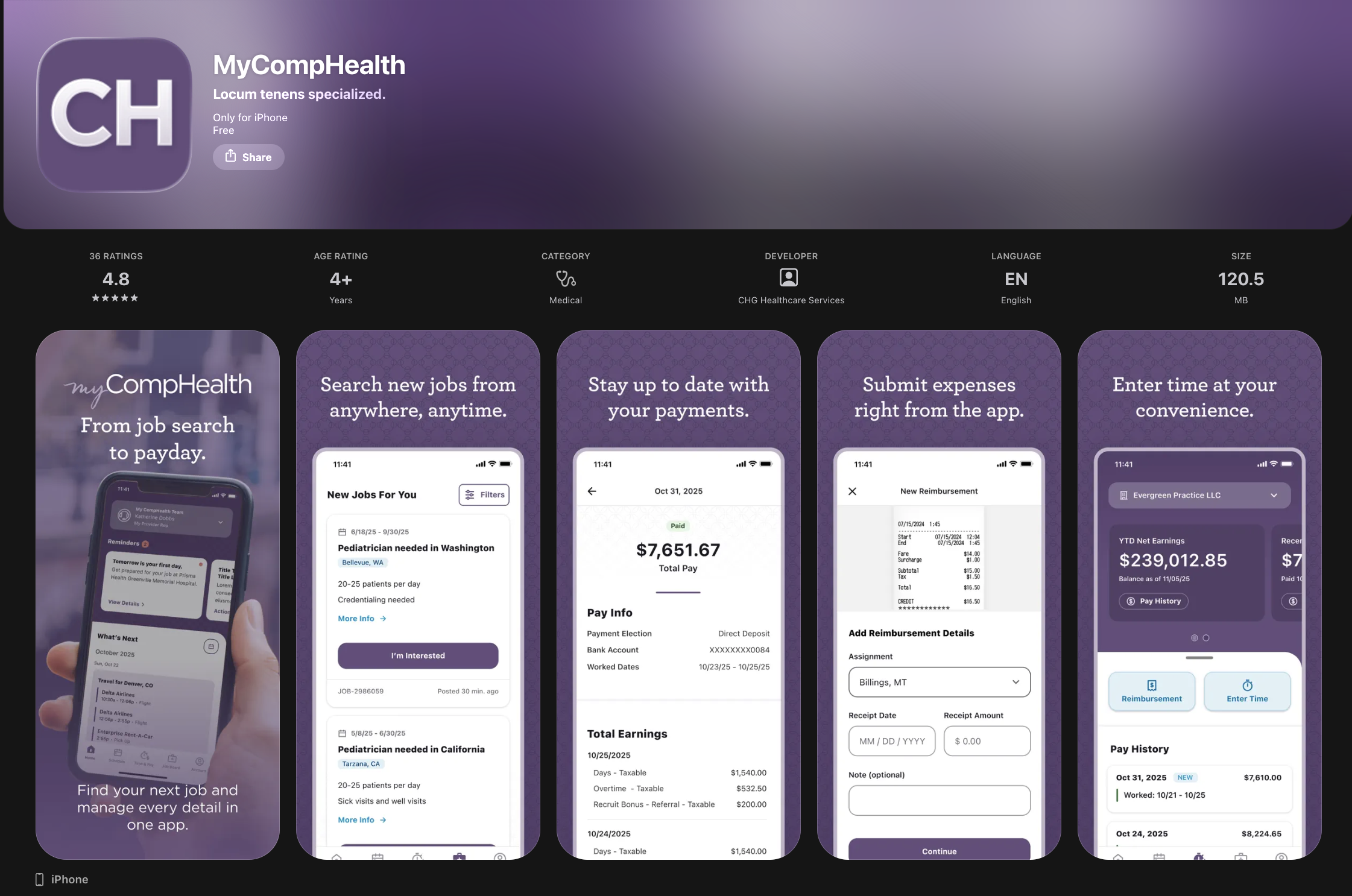 MyCompHealth App Store page and product screens